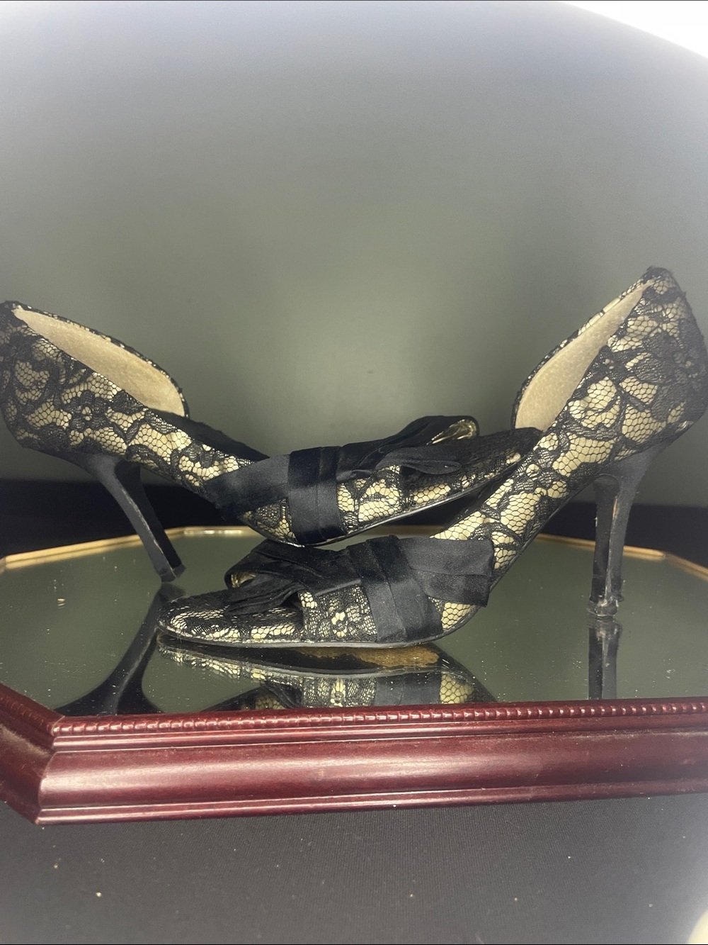 Nine West Black Lace Pointed Toe Heels with Bow Trim
